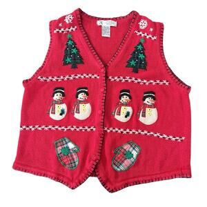 Vintage Christmas Sweater Vest Snowman Embroidery Patch Cottagecore Holiday Red